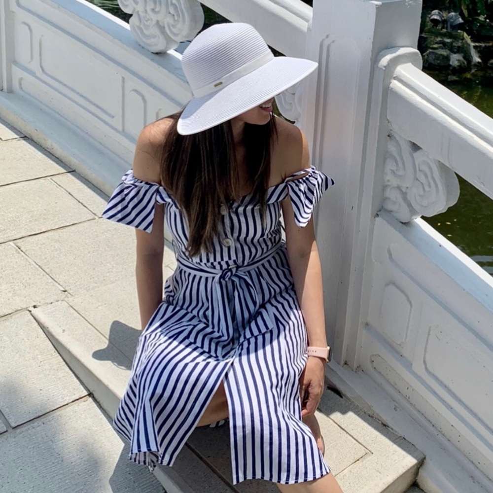 ZARA White & Navy Striped Linen V-neck Midi Dress